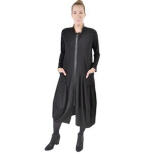 Sun Kim black long jersey front zip long sleeve dress size S
